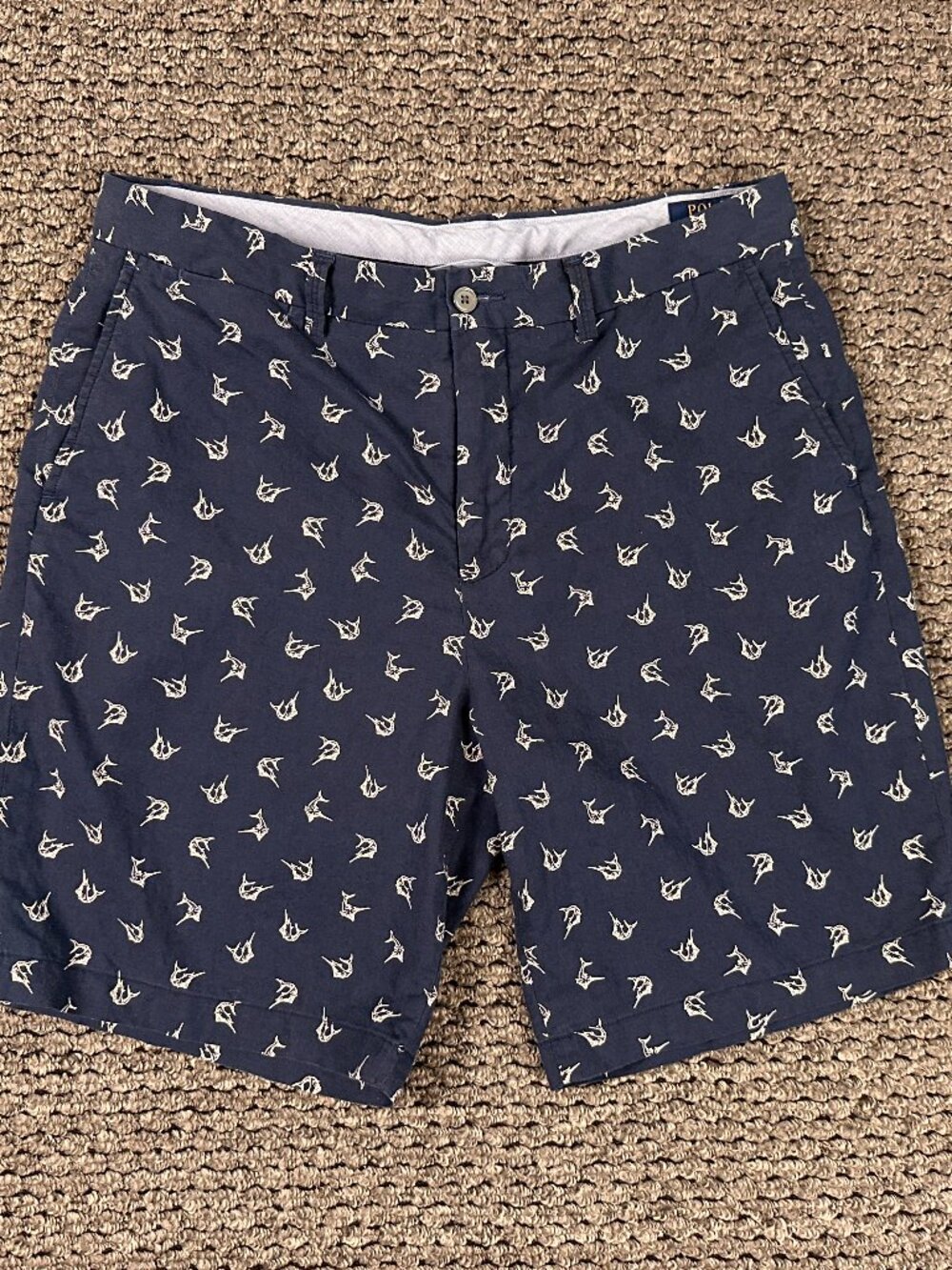 Polo Ralph Lauren Marlin Embroidered Linen Cotton Shorts Navy Blue Mens Size 35